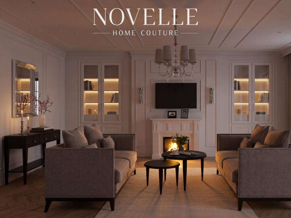 Elegancki salon reprezentacyjny Novelle Home Couture z podświetlaną witryną, kominkiem i dwoma beżowymi sofami ustawionymi naprzeciwko siebie w ciepłym, wieczornym oświetleniu scenariuszowym.